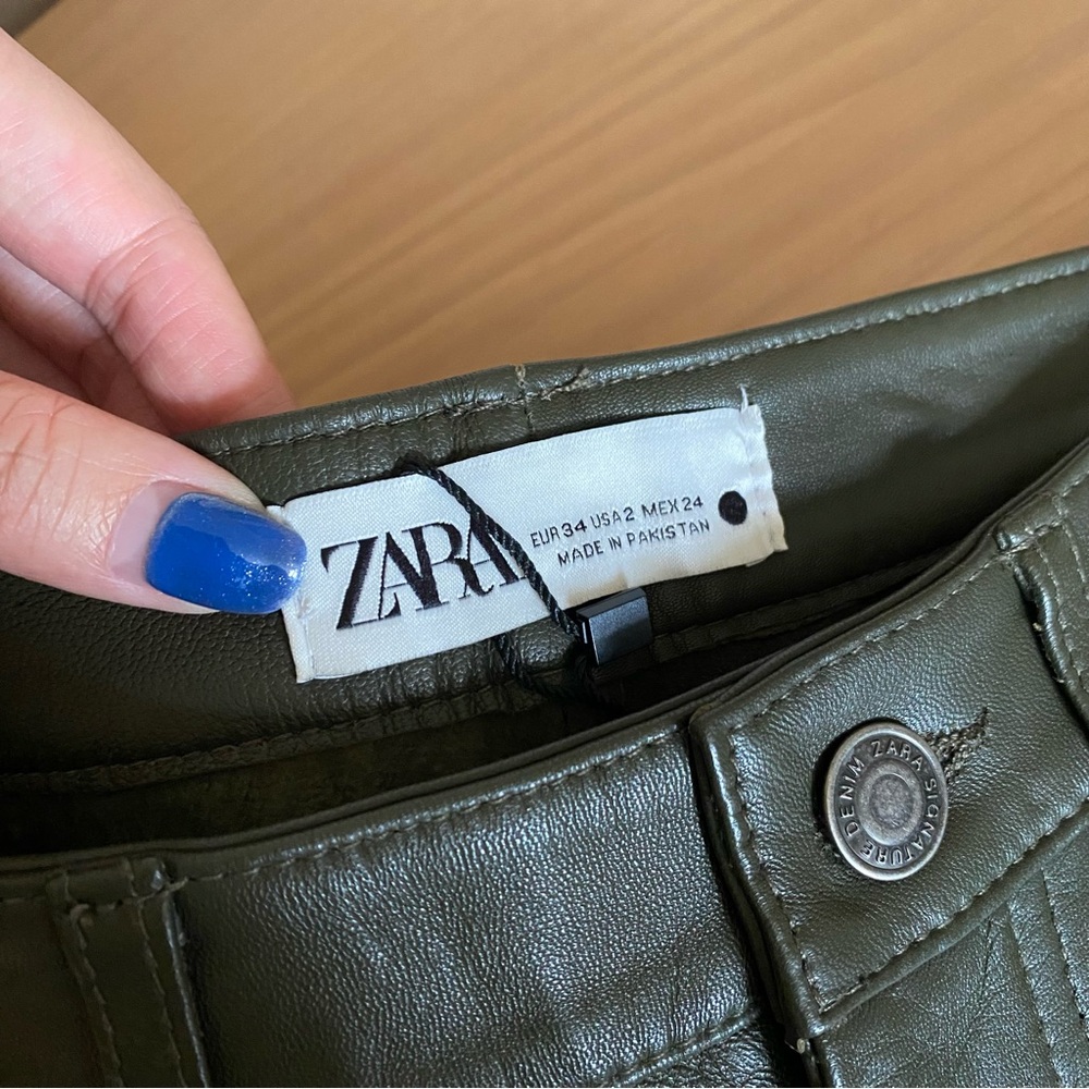 Zara limited edition leather straight leg pants olive green - Picture 13 of 16